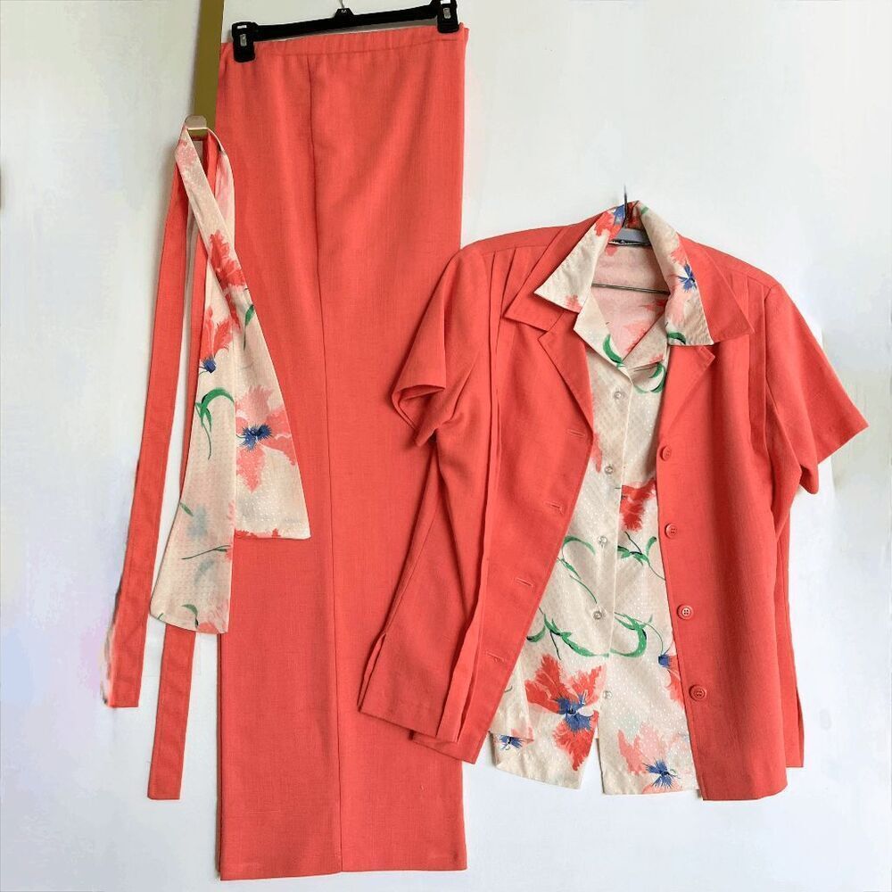 VTG 70s Coral Pant Suit Set Wide Leg Disco Cruise Outfit Theme XL